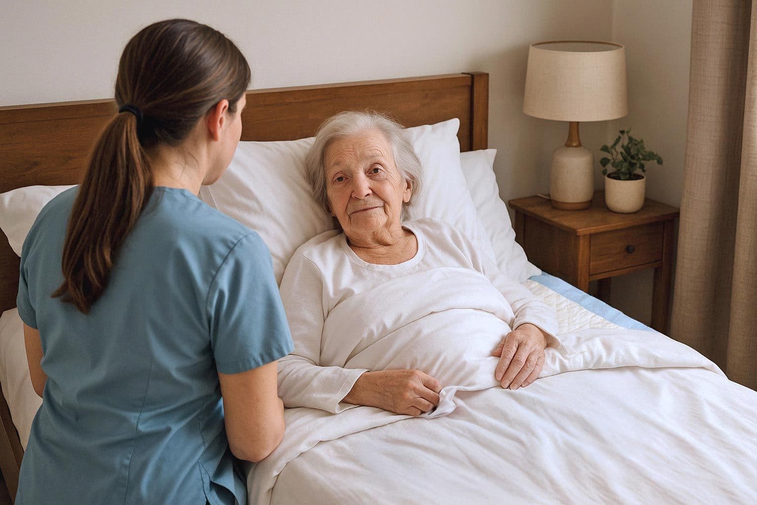 Seniorin liegt im Bett und wird von einer Pflegekraft betreut.