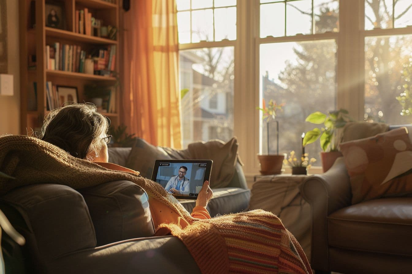 Seniorin sitzt auf Sessel und schaut Video auf einem Tablet