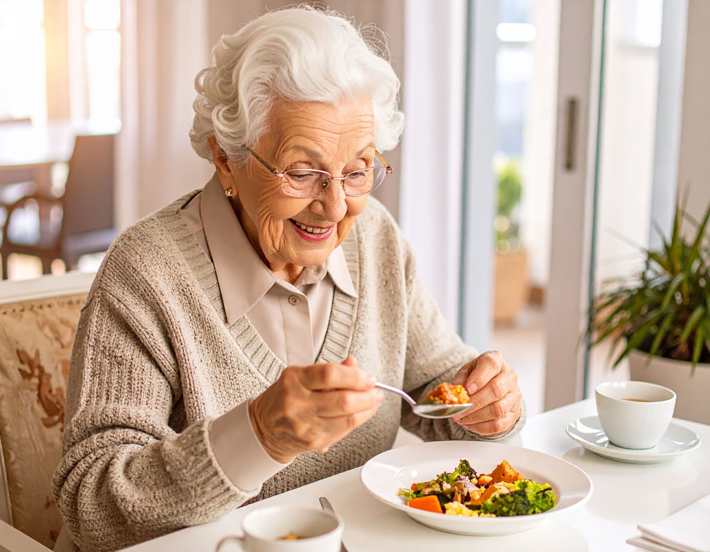 Seniorin sitzt am Tisch und isst mit einem Löffel eine Mahlzeit