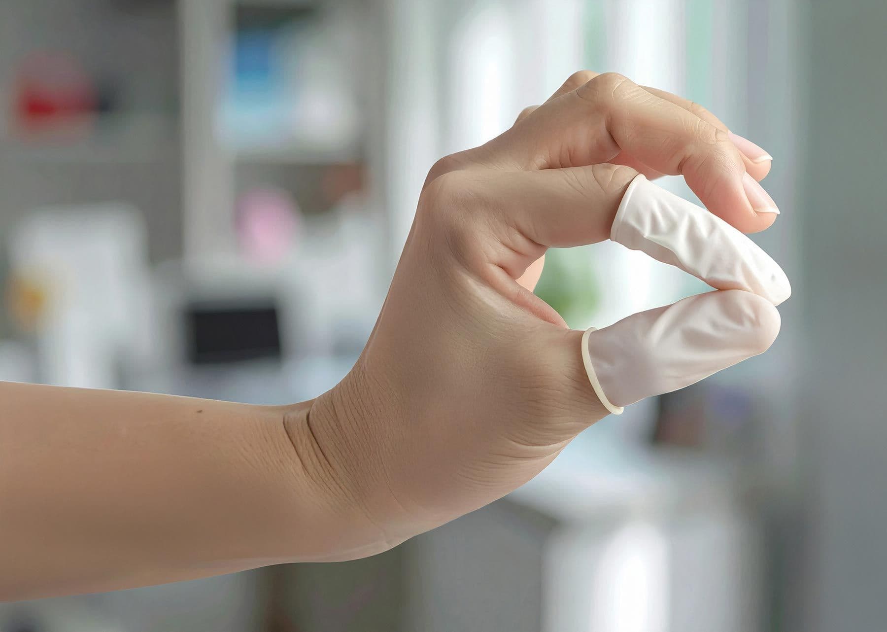 Hand mit Fingerling an Daumen und Zeigefinger