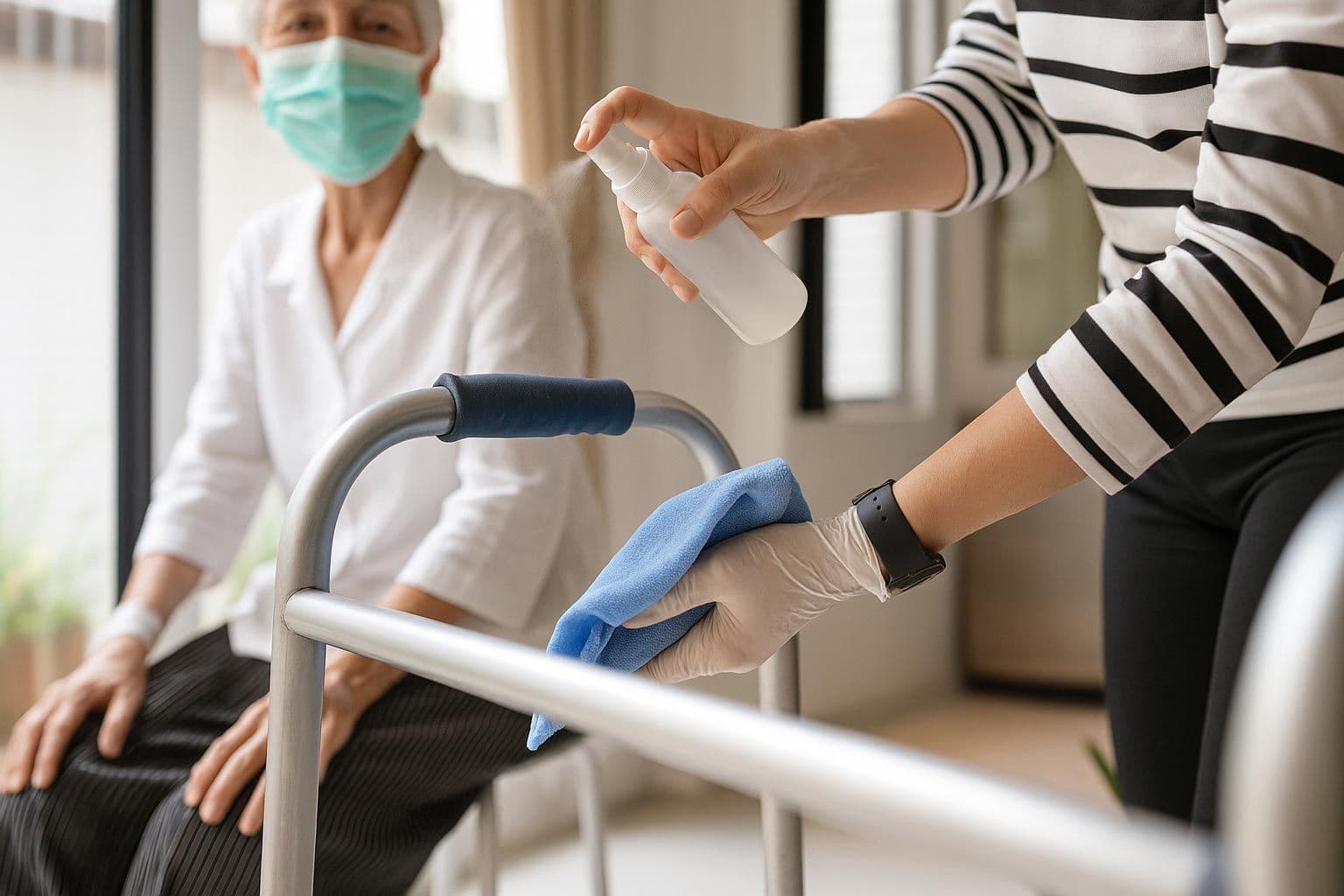 Pflegekraft benutzt Flaechendesinfektionsmittel