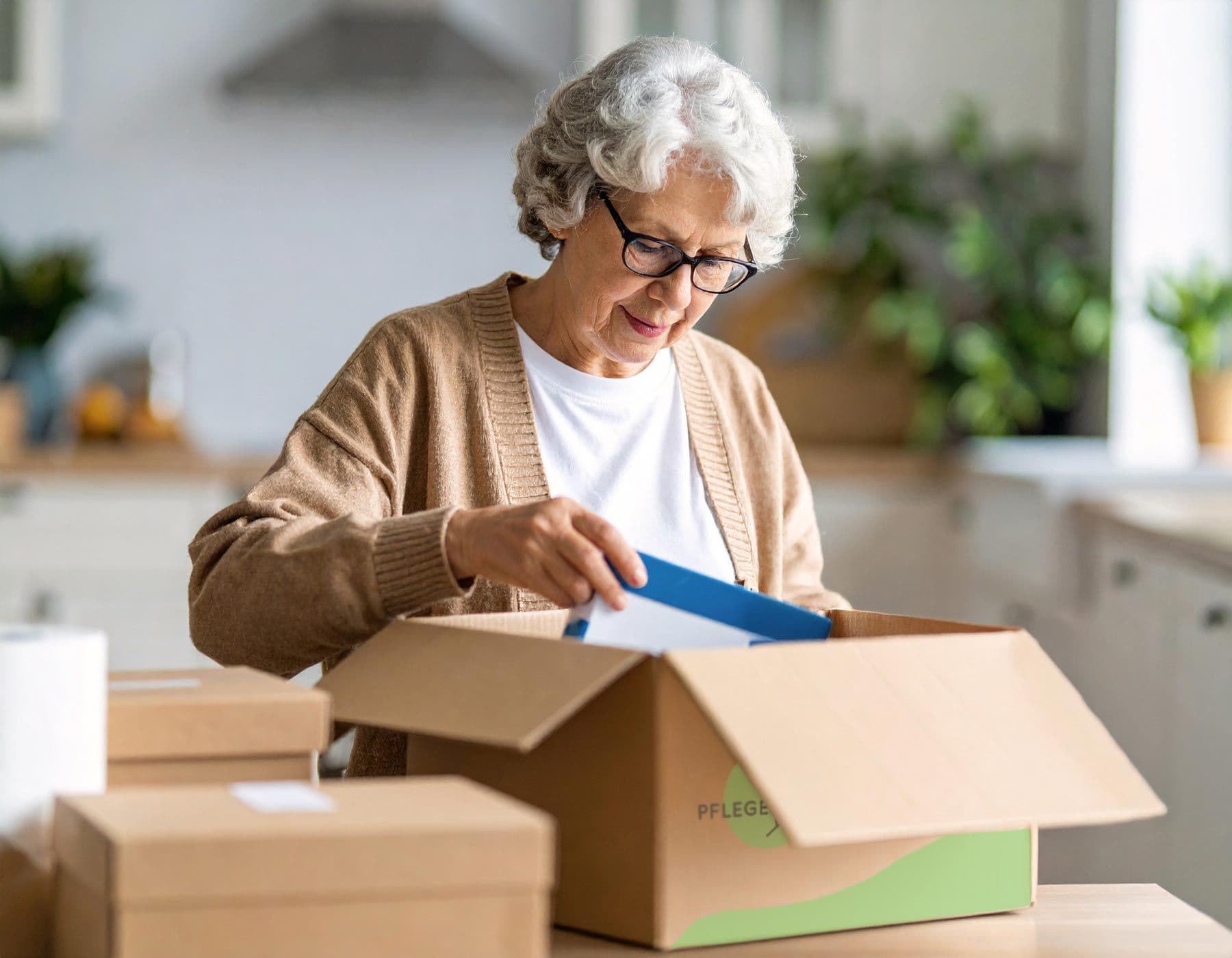 Seniorin packt eine Pflegehirte-Pflegebox aus