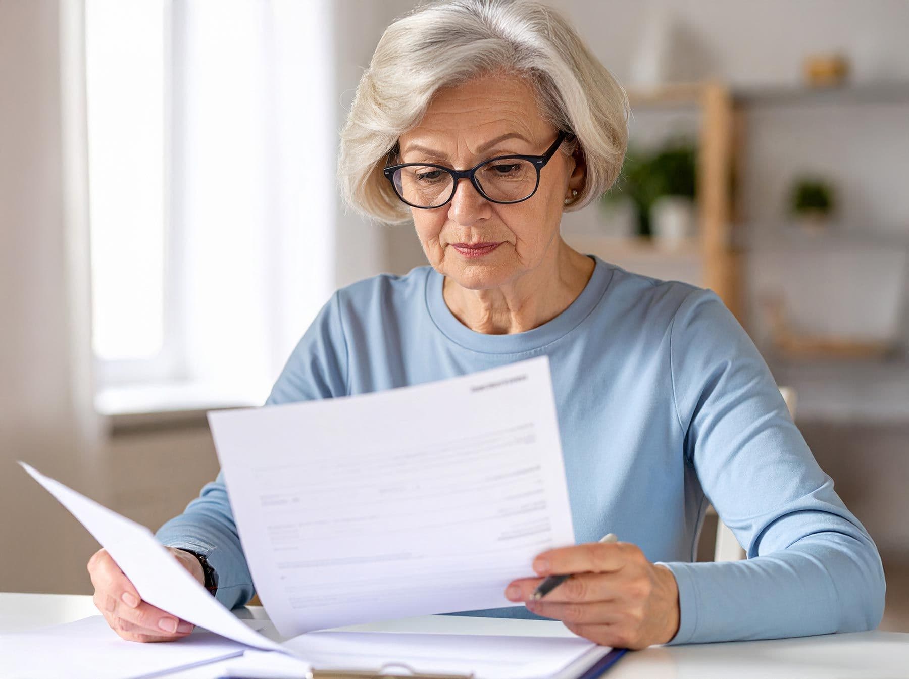 Ältere Frau sitzt am Schreibtisch und prüft Unterlagen