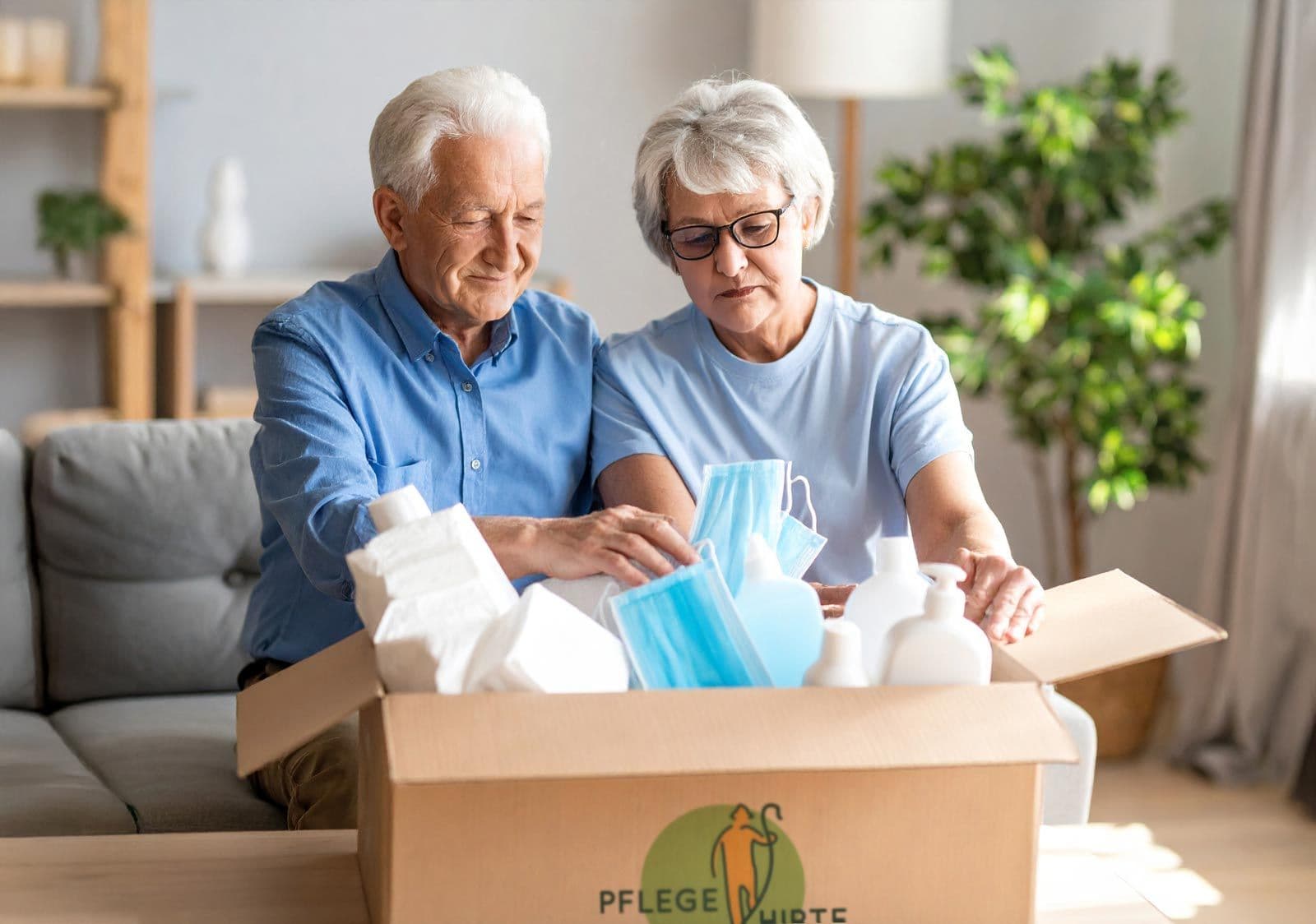 Älteres Paar sitzt auf Sofa und packt Pflegehirte-Pflegebox aus