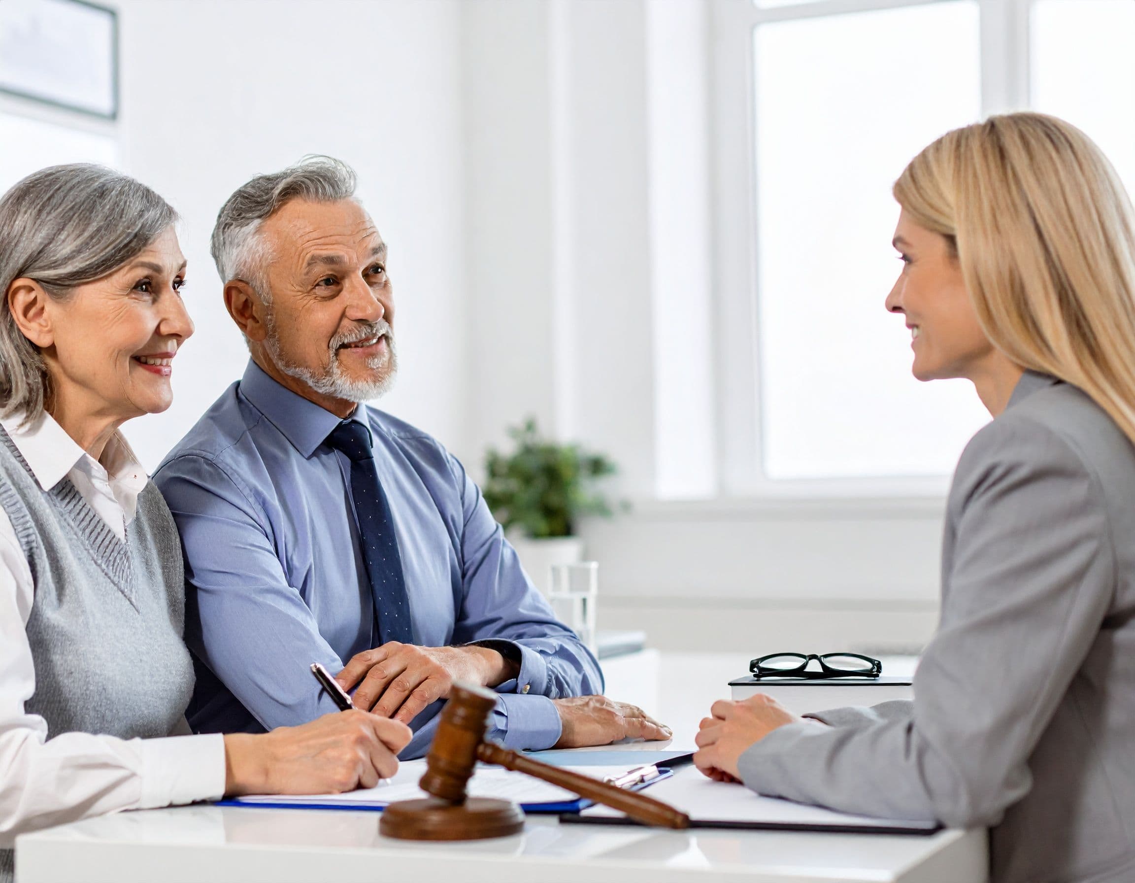 Älteres Paar sitzt an einem Tisch und bespricht sich mit einer Anwältin in einem Büro