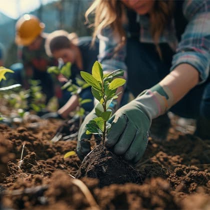 Ein Frau pflanzt einen kleinen Setzling