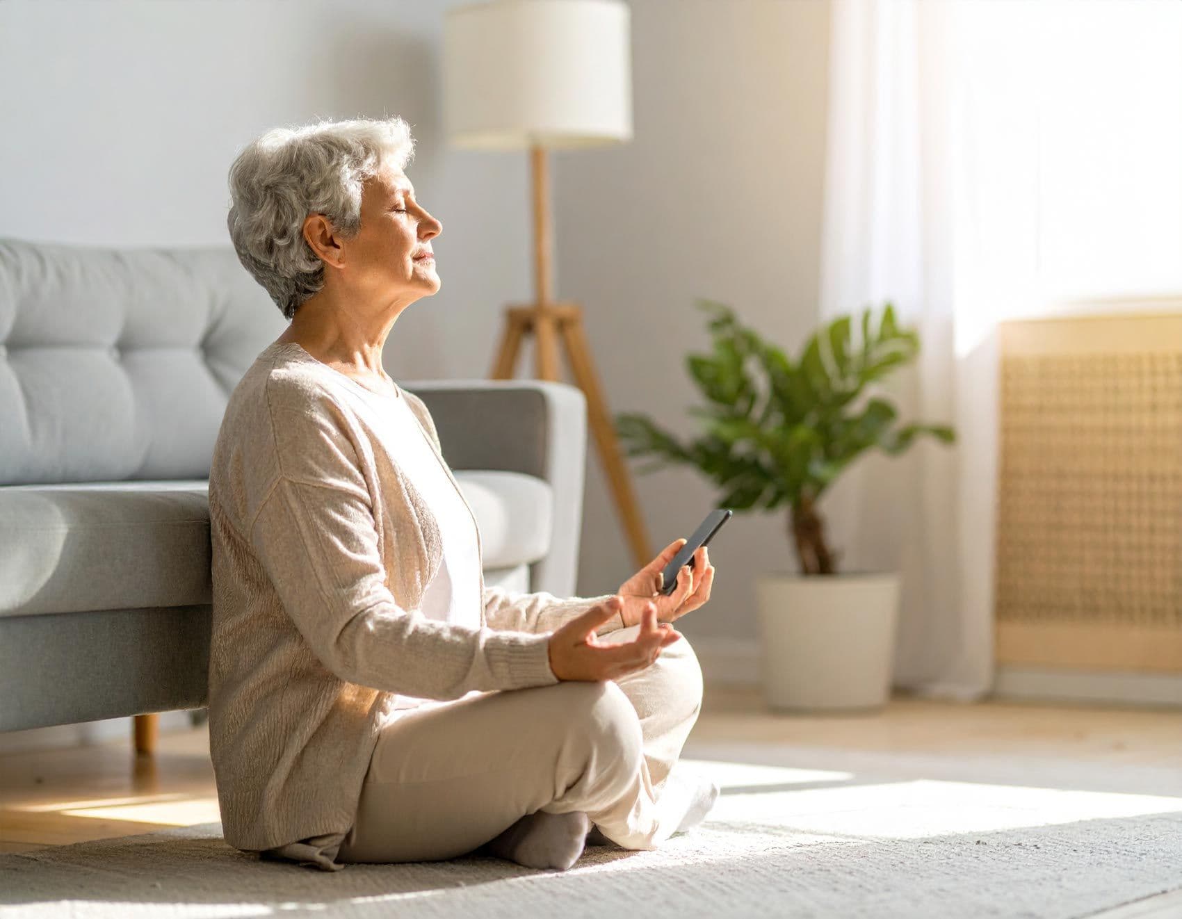 Seniorin sitzt im Schneidersitz auf dem Boden und meditiert mit geschlossenen Augen, hält ein Smartphone in der Hand