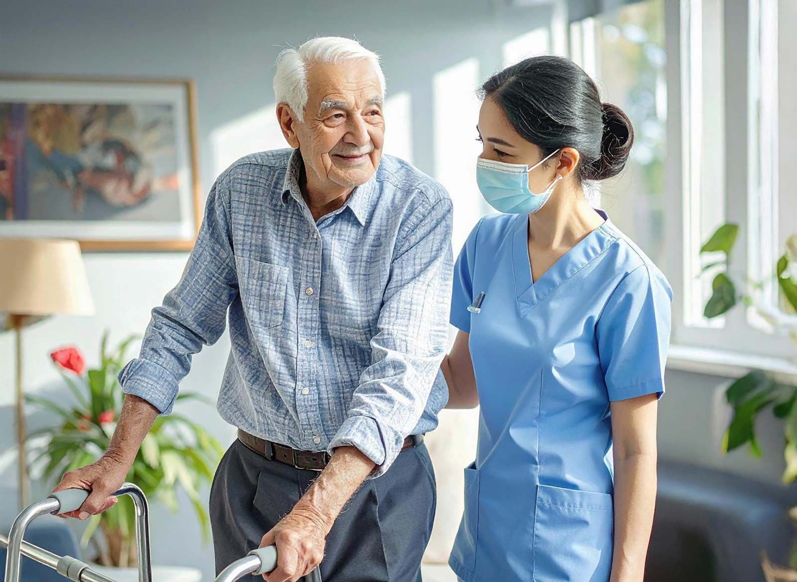 Senior im Gespräch mit einer Pflegekraft, die eine medizinische Maske trägt