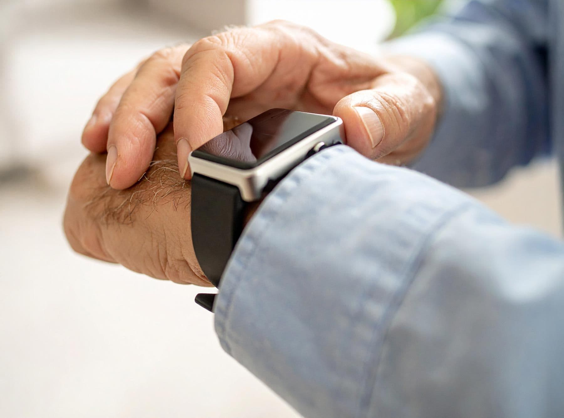 Nahaufnahme eines älteren Mannes, der ein Notfallarmband am Handgelenk trägt