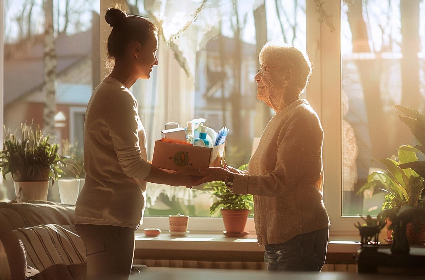 Pflegekraft überreicht Seniorin eine Pflegebox von Pflegehirte