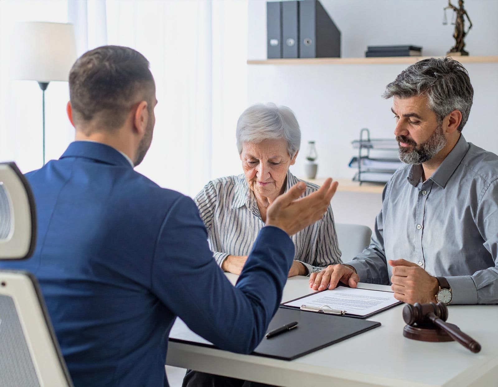 Anwalt berät ein älteres Paar in einem Büro