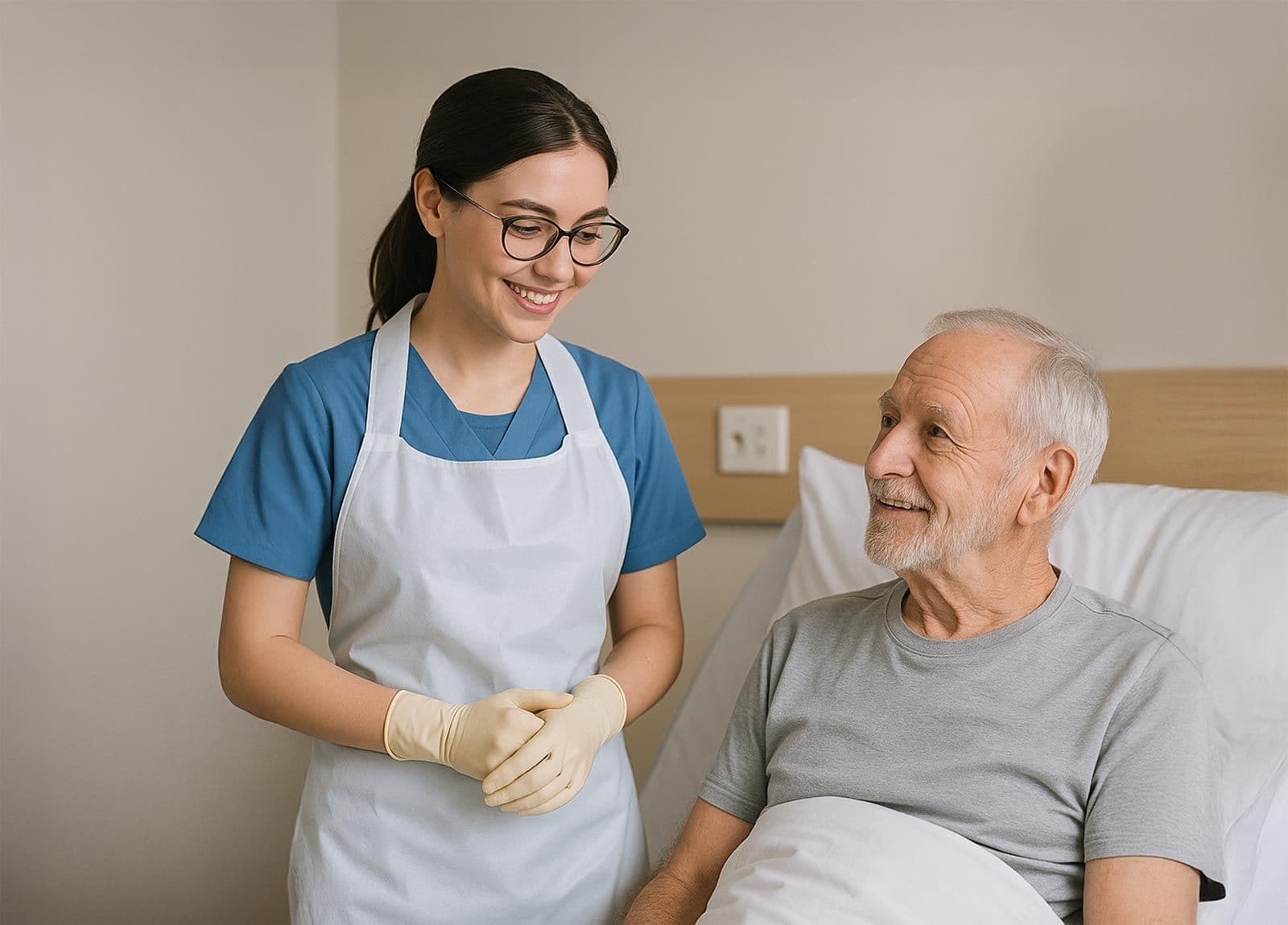 Pflegekraft in weißer Schürze spricht mit älterem Mann im Krankenbett